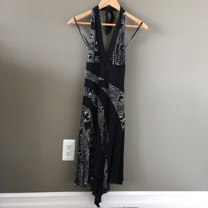 Bebe black and white asymmetrical halter dress